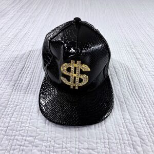 Unbranded Dollar Sign Snapback Hat Mens OSFM Black EUC Rhinestone Faux Snakeskin